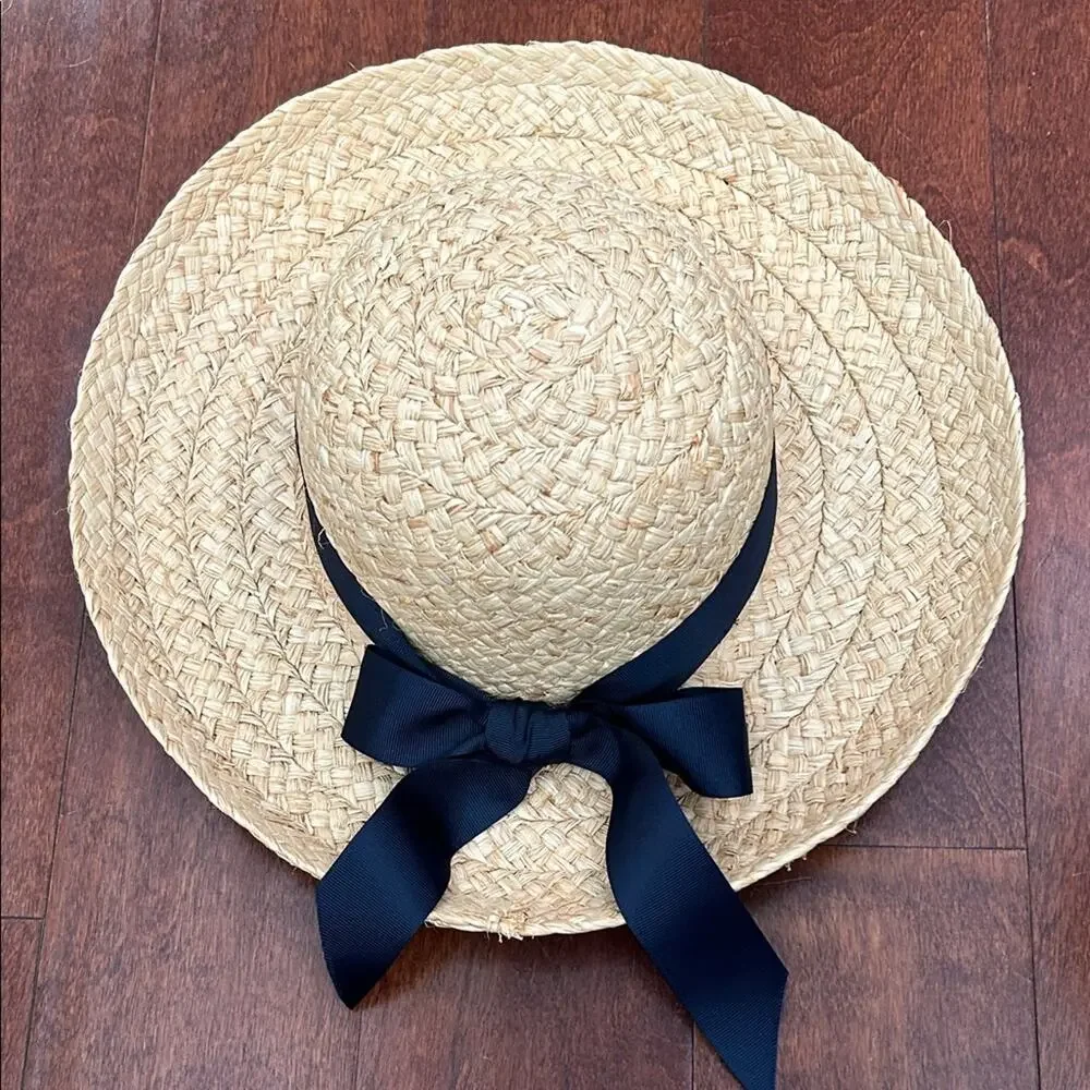 American Hat Company 100% Natural Straw Hat with Navy Ribbon Bow